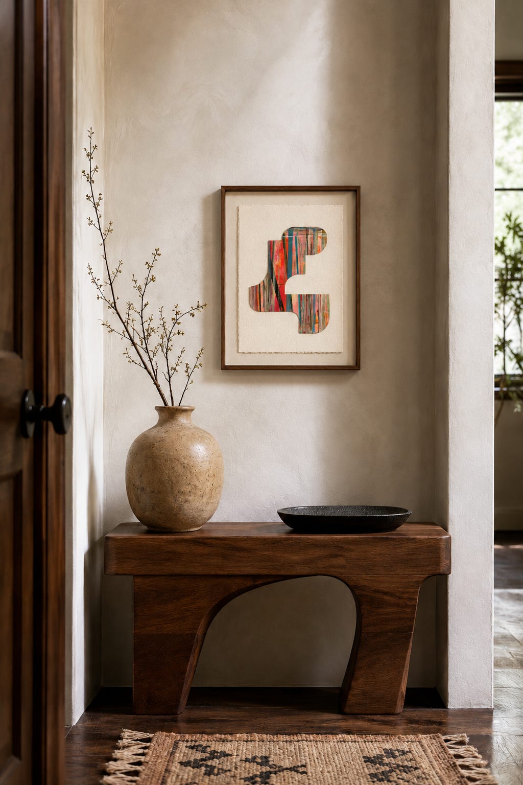 Small collage in a slim walnut frame above a sculptural wood console in a narrow plaster-walled entry nook.