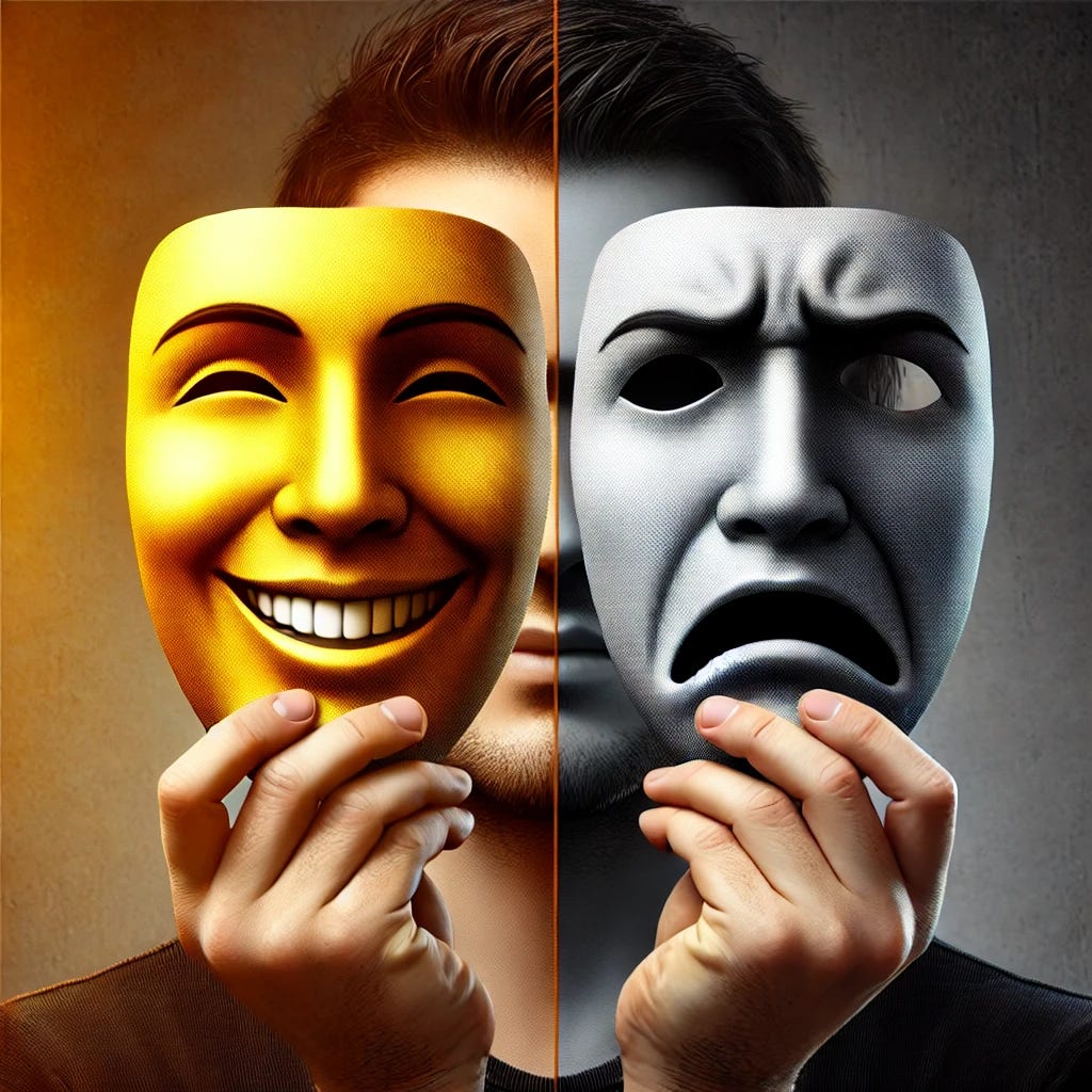A symbolic image representing hypocrisy, featuring a person holding two masks in their hands: one smiling brightly and welcoming, the other frowning or angry. The person's face is partially hidden, suggesting dishonesty and insincerity. The background is split, with one side warm and light, representing outward appearances, and the other side dark and cold, symbolizing hidden motives. The overall tone is reflective and thought-provoking, emphasizing the theme of contradiction and deceit.