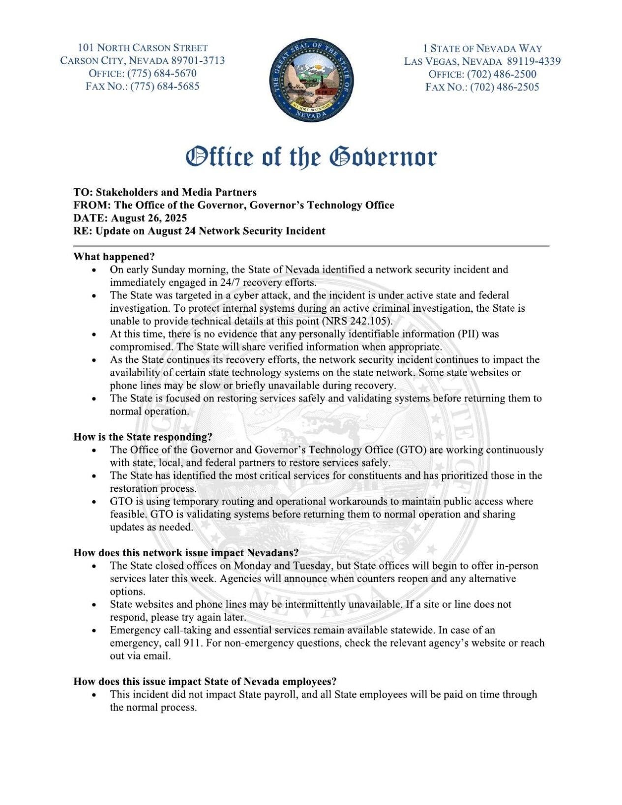 Governor's Office Memo on Network Incident