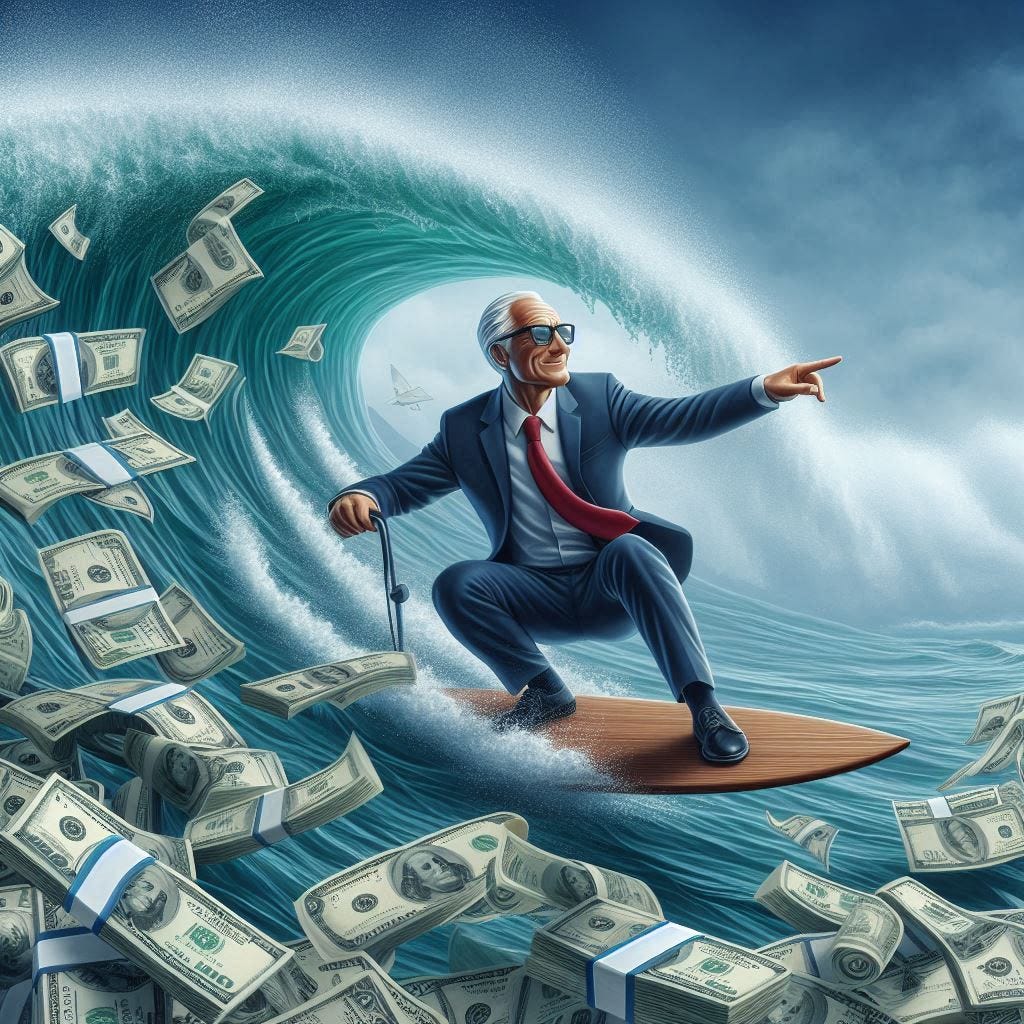 Investor surfing dollar bills