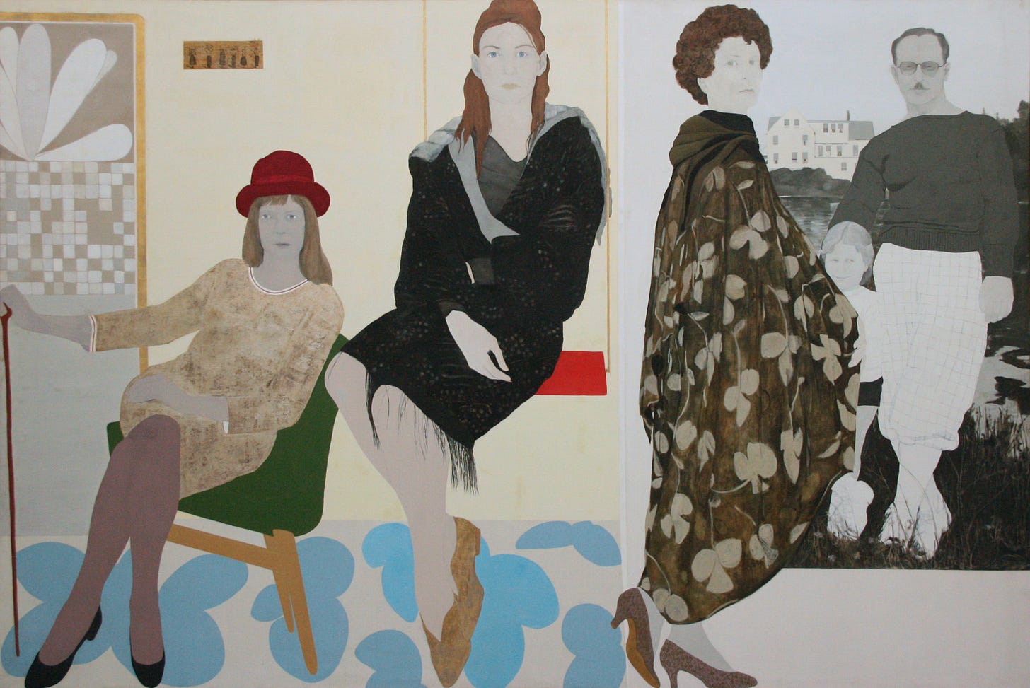 Four adult figures and a child face the viewer: two women seated elegantly with crossed legs (one on a swing, one on a chair), a woman draped fully in a floral patterned cape looks over her shoulder, a man stands with a child partially obscured as though reproduced from an old photo. The figures are self-possessed and rendered with a flatness. Tones are muted, save for the swing and hat in red. The porch floor has a pattern of rounded mono-tone butterfly shapes. Four adult figures and a child face the viewer: two women seated elegantly with crossed legs (one on a swing, one on a chair), a woman draped fully in a floral patterned cape looks over her shoulder, a man stands with a child partially obscured as though reproduced from an old photo. The figures are self-possessed and rendered with a flatness. Tones are muted, save for the swing and hat in red. The porch floor has a pattern of rounded mono-tone butterfly shapes.