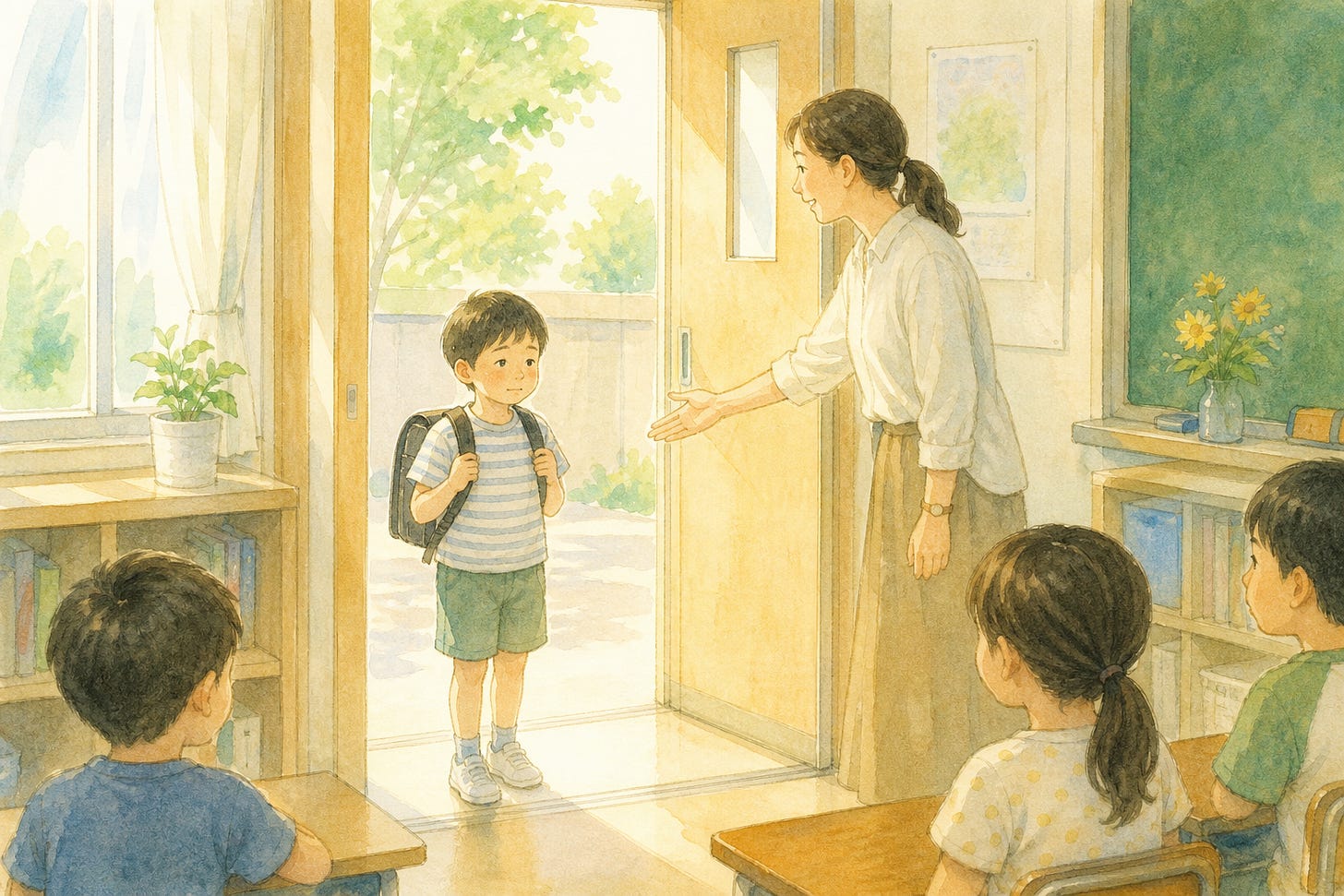 夏休み明けの教室で、先生が子どもを迎える場面 夏休み明けの教室で、先生が子どもを迎える場面