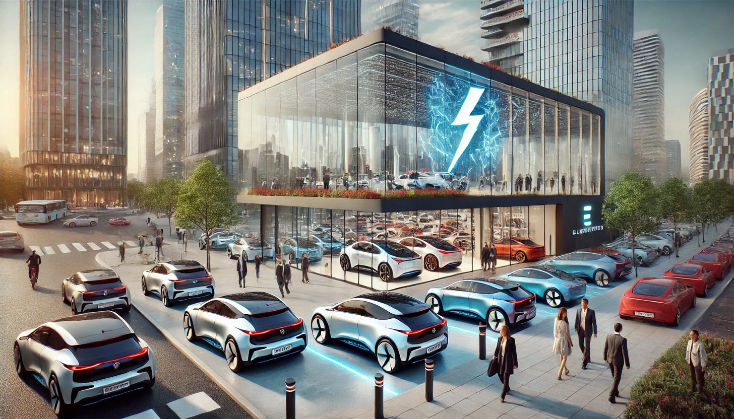 Una imagen muy realista de un concesionario de coches eléctricos en un entorno urbano moderno. El edificio tiene una fachada de vidrio elegante con un logotipo futurista, mostrando autos eléctricos de colores brillantes en el interior. Hay un área de estacionamiento con algunos autos eléctricos expuestos afuera, con estaciones de carga visibles. Al fondo, se ven árboles y edificios modernos, y el cielo está despejado con luz natural. Personas caminando y algunas mirando los autos.