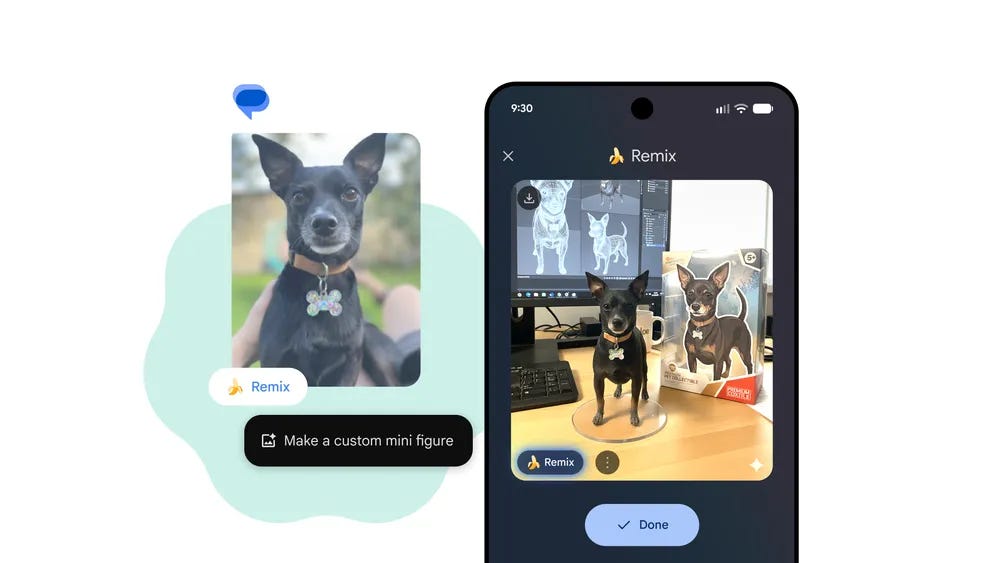 Remix on Google Messages of a dog turned into an action figure