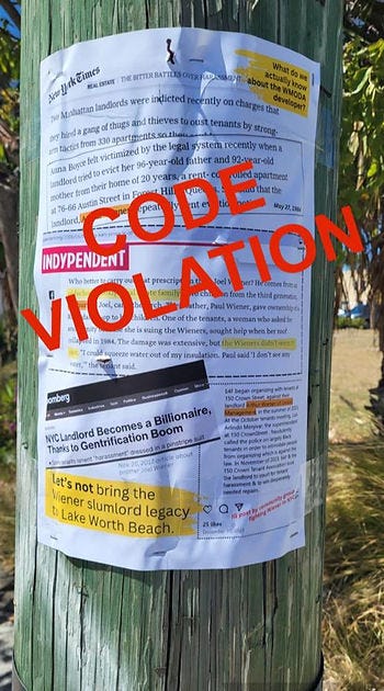 When STOP WMODA posted this flyer on a downtown street pole in March, a WMODA supporter posted the photo with the term "CODE VIOLATION" -- claiming they are against city rules for temporary signs -- on the Lake Worth Beach Now! Facebook page. When STOP WMODA posted this flyer on a downtown street pole in March, a WMODA supporter posted the photo with the term "CODE VIOLATION" -- claiming they are against city rules for temporary signs -- on the Lake Worth Beach Now! Facebook page.