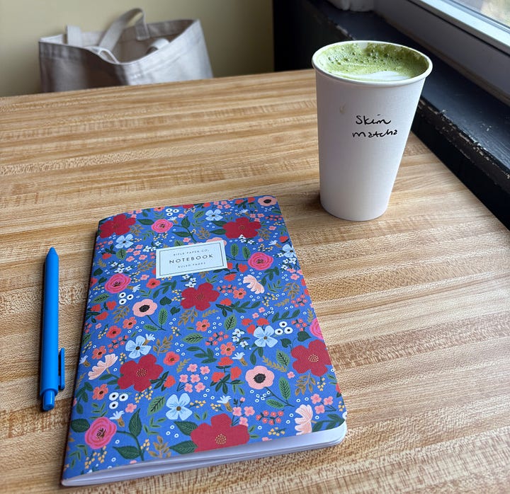Four photos depicting two salads, a pink and yellow flower, and a writing notebook alongside a matcha tea.