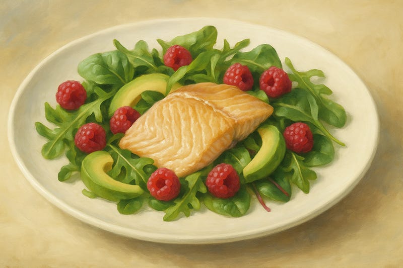 Reșetă Salată cu păstrăv afumat, zmeură, avocado și verdețuri