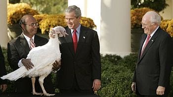 George W. Bush holds a turkey's neck, smiling, as Dick Cheney looks on. George W. Bush holds a turkey's neck, smiling, as Dick Cheney looks on.