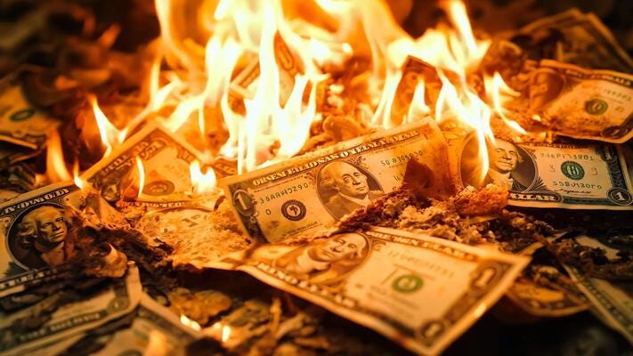 A pile of burning money on fire