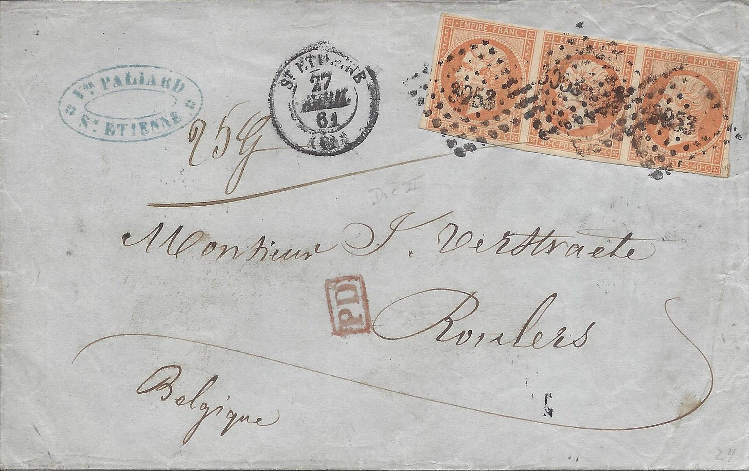 1861 letter sent from France to Belgium
