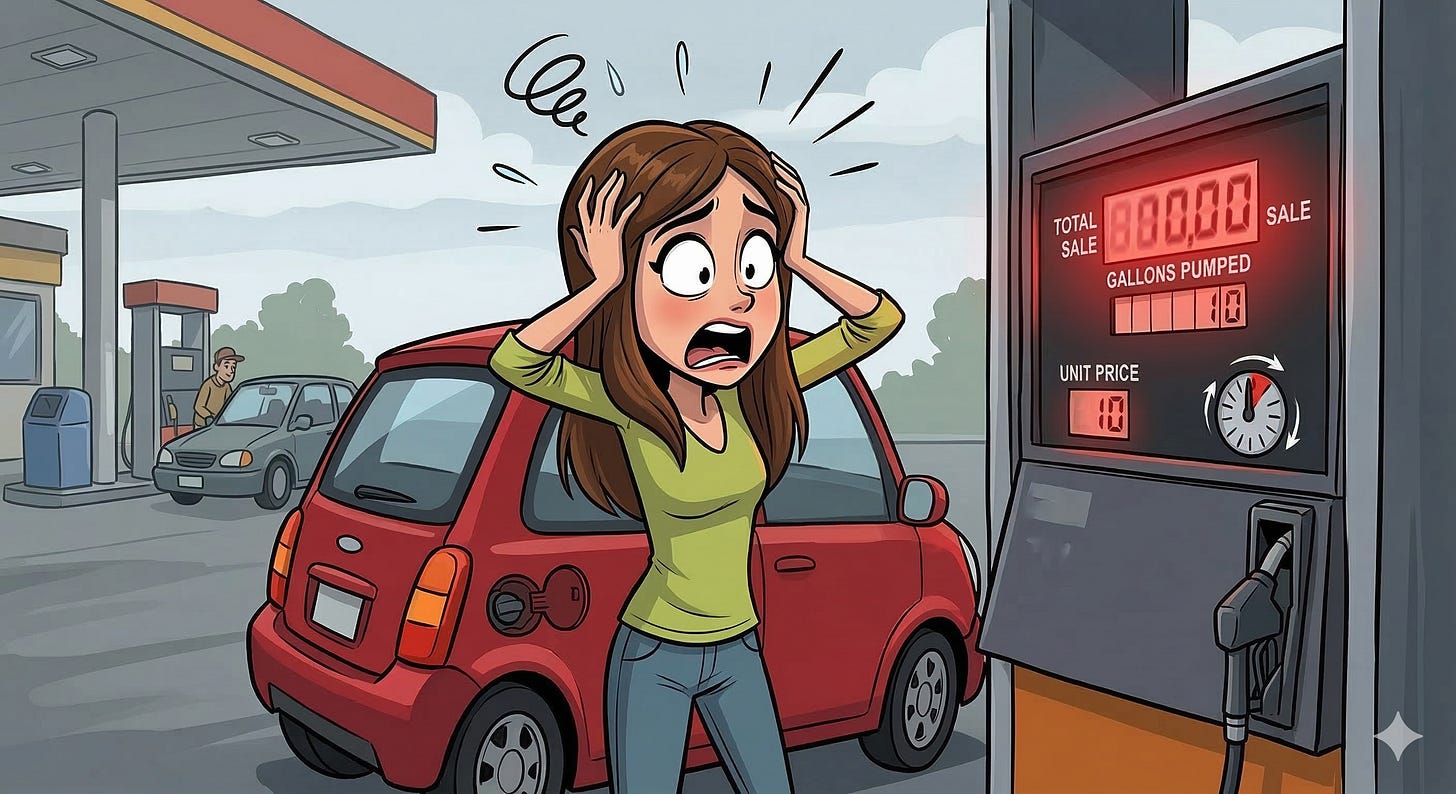 Cartoon image of a driver experiencing sticker shock at the gasoline pump. Cartoon image of a driver experiencing sticker shock at the gasoline pump.