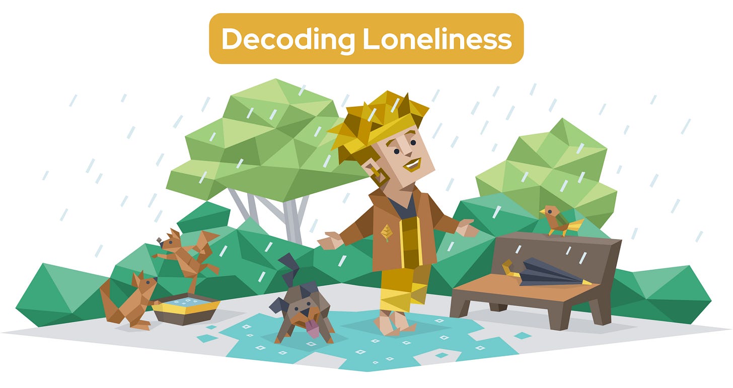 An Explorer smiles while walking barefoot through the rain with a dog, squirrels, and birds in a park. Text reads: Decoding Loneliness.