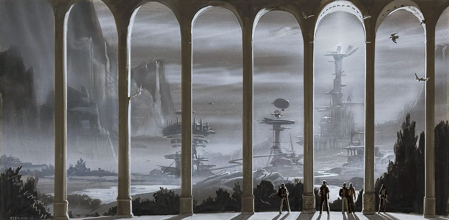 Concept 2 for VICTORY, rendered tonally and featuring elegant columns and curved arches defining the foreground. Standing tiny among them are five figures looking out at a futuristic city with raised roadways winding around saucer topped towers.