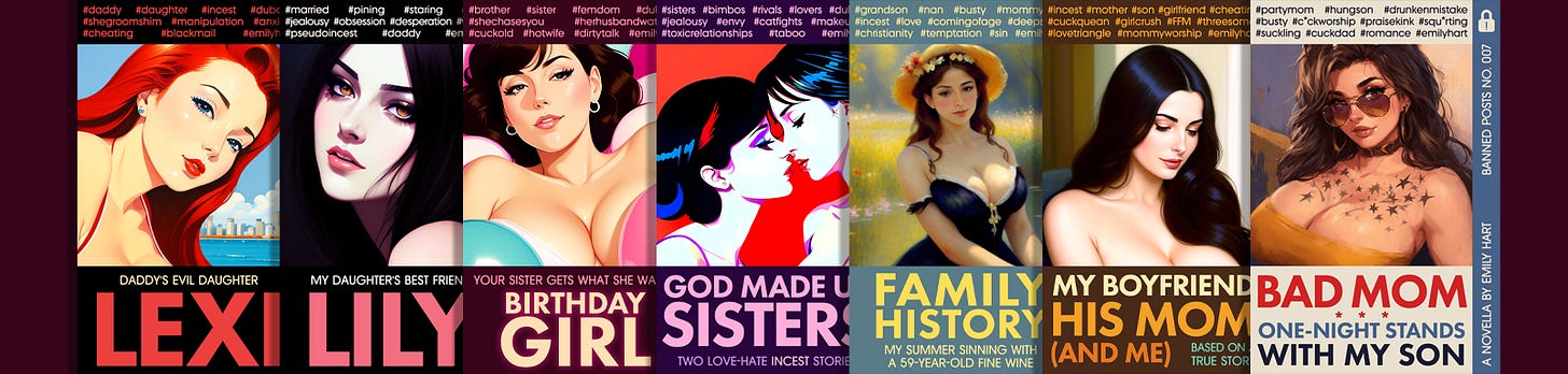 The first seven released in the Banned Posts ebook series, side-by-side.