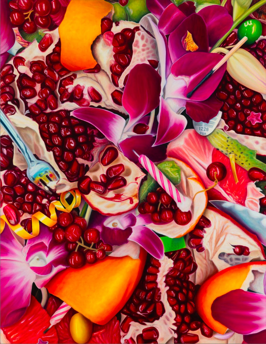 Brightly colored still life of split pomegranates, orchids, forks, candy, party streamers, and a birthday candle arranged in a dense, chaotic composition.