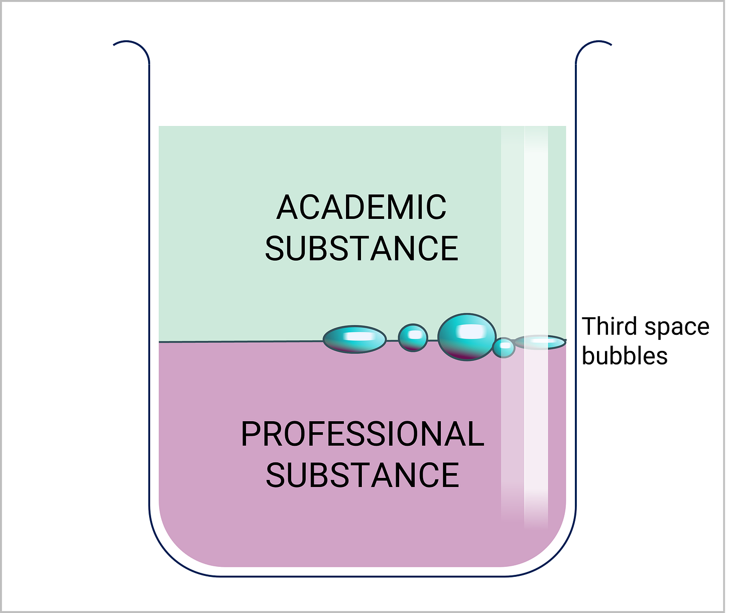 An illustration of a clear beaker with two layered, separated liquids in it. The top layer is labelled "academic" and the bottom layer "professional". There are bubbles in the middle labelled "third space bubbles".