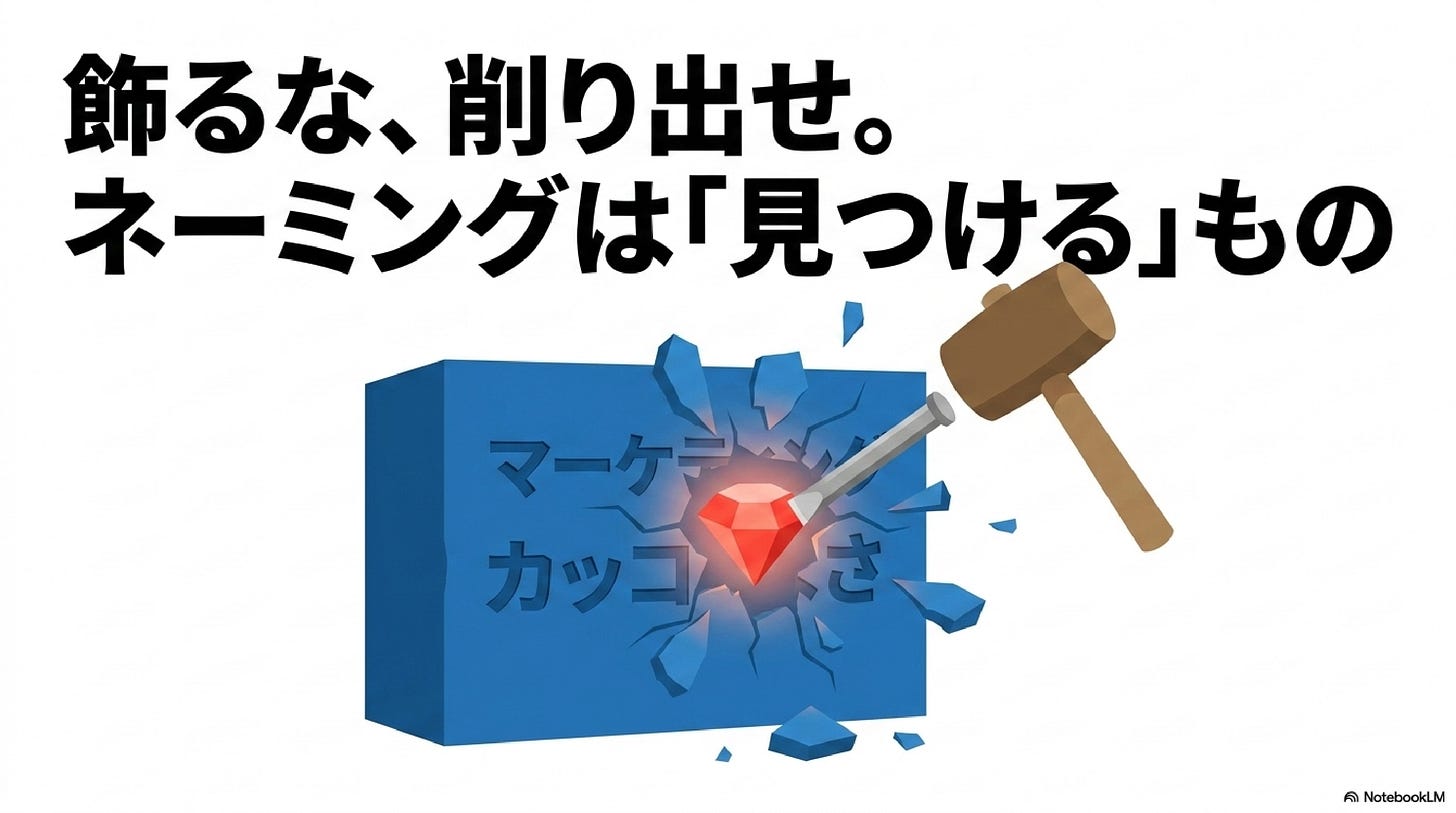 「飾るな、削り出せ」──余分を削って本質を掘り出すイメージ図。 「飾るな、削り出せ」──余分を削って本質を掘り出すイメージ図。