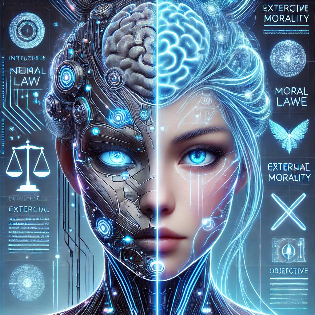 A split image featuring a more intensely cyberpunk-styled beautiful girl’s face with a glowing human brain and abstract external moral code, all in a cool, blue AI electronic style. The girl on the left side has a futuristic look with detailed cybernetic enhancements like mechanical eyes, circuit-like neon tattoos, metallic implants, and glowing wires woven into her hair. Her face is illuminated in neon blue light, with visible neural circuits and pathways forming around the brain. The right half shows abstract symbols of moral law, geometric patterns, and digital codes floating in space, symbolizing objective morality. The entire scene maintains a high-tech, cyberpunk, AI-driven aesthetic with sharp, clean lines and an ethereal blue glow.