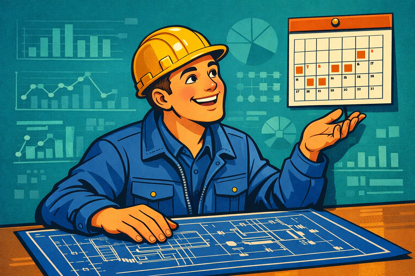 A data engineer who smiles while looking at the calendar. There's a blueprint on the desk in front of him. A data engineer who smiles while looking at the calendar. There's a blueprint on the desk in front of him.