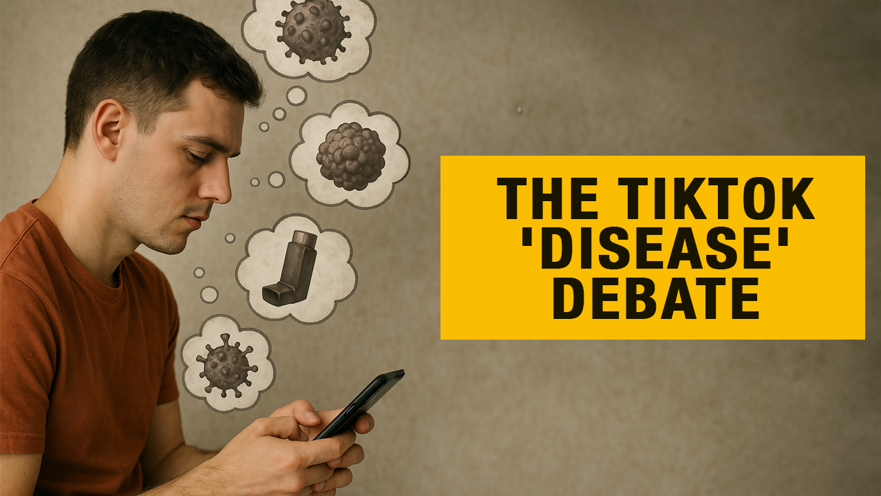 A man looks at his phone with thought bubbles above his head showing germs and inhalers. A yellow box with bold black text reads “The TikTok Disease Debate.”