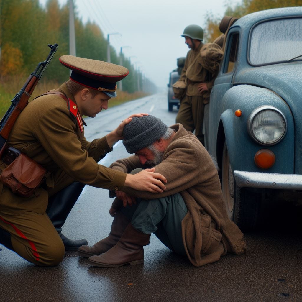 Um soldado soviético consolando uma pessoa triste, em uma estrada, ao lado de um carro.