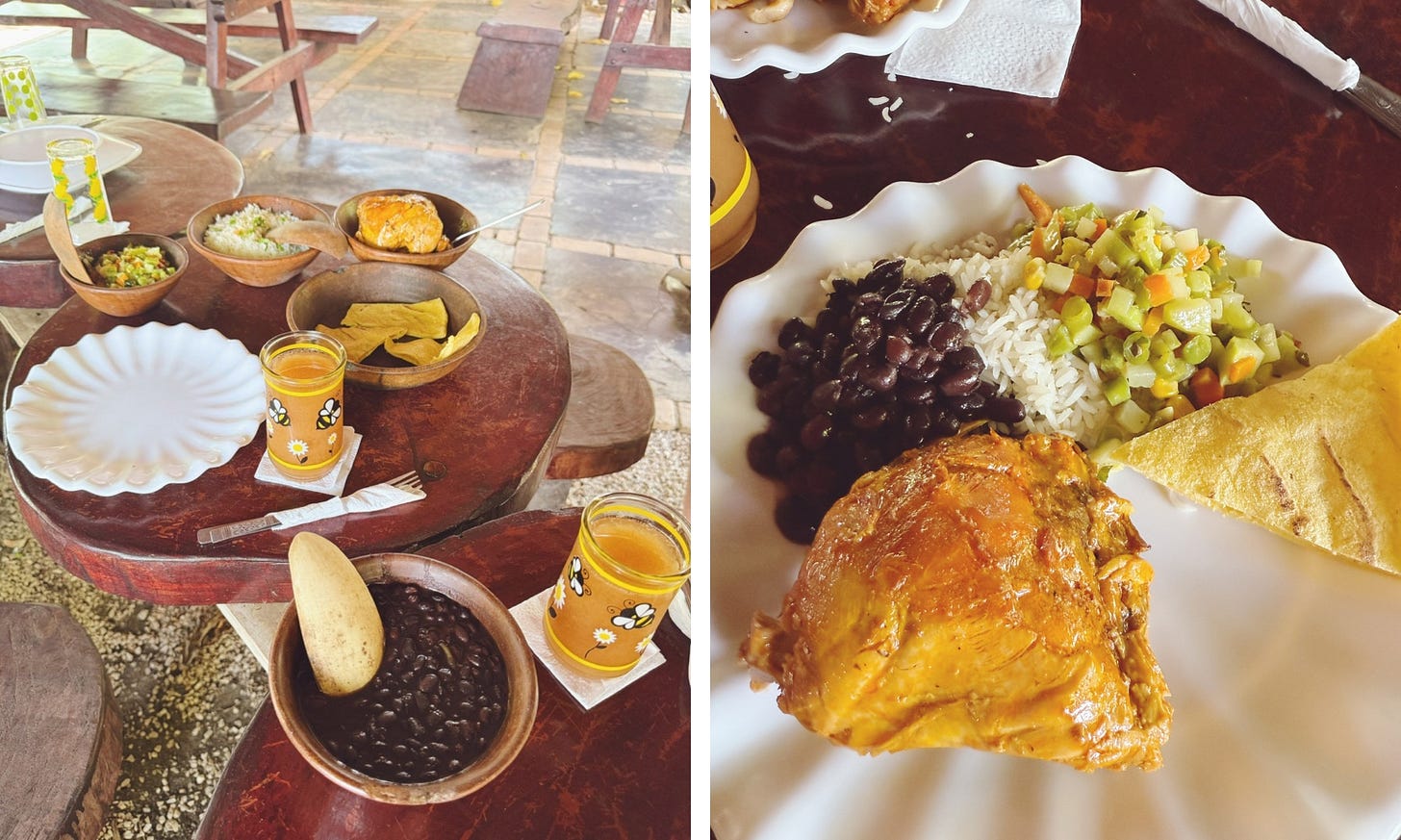 Photos of lunch at Rancho Los Coyotes served with tamarind and cantaloupe juice.