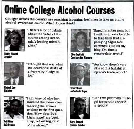 [Image shows a satirical opinion poll layout titled "Online College Alcohol Courses" with the preamble "Colleges across the country are requiring incoming freshmen to take an online alcohol-awareness course. What do you think?" followed by six fictional respondents providing humorous quotes]  There's a lot of debate about the value of the course among academia's leading mixologists.; Kathy Pickett, Jeweler; Sure, I'm sober now, but I will never, ever be able to take back that disparaging Sigur Rós comment I put on my blog. Oh, time's remorseless arrow!; Clive Roginski, Construction Manager; I thought that was what the occasional death of a fraternity pledge is for.; Robert Lew, Butcher; You know, there's very little of this bullshit at my son's trade school.; Stuart Keim, Auto-Parts Buyer; I am wary of who formulated the exam, considering the answer choices to the first question, 'How does Bud Light taste?' are 'cool, crisp, refreshing, or all of the above.'"; Ted Hicks, Hairdresser; Can't we just make it illegal for people under 21 to drink?; Marie Russell, Science Teacher