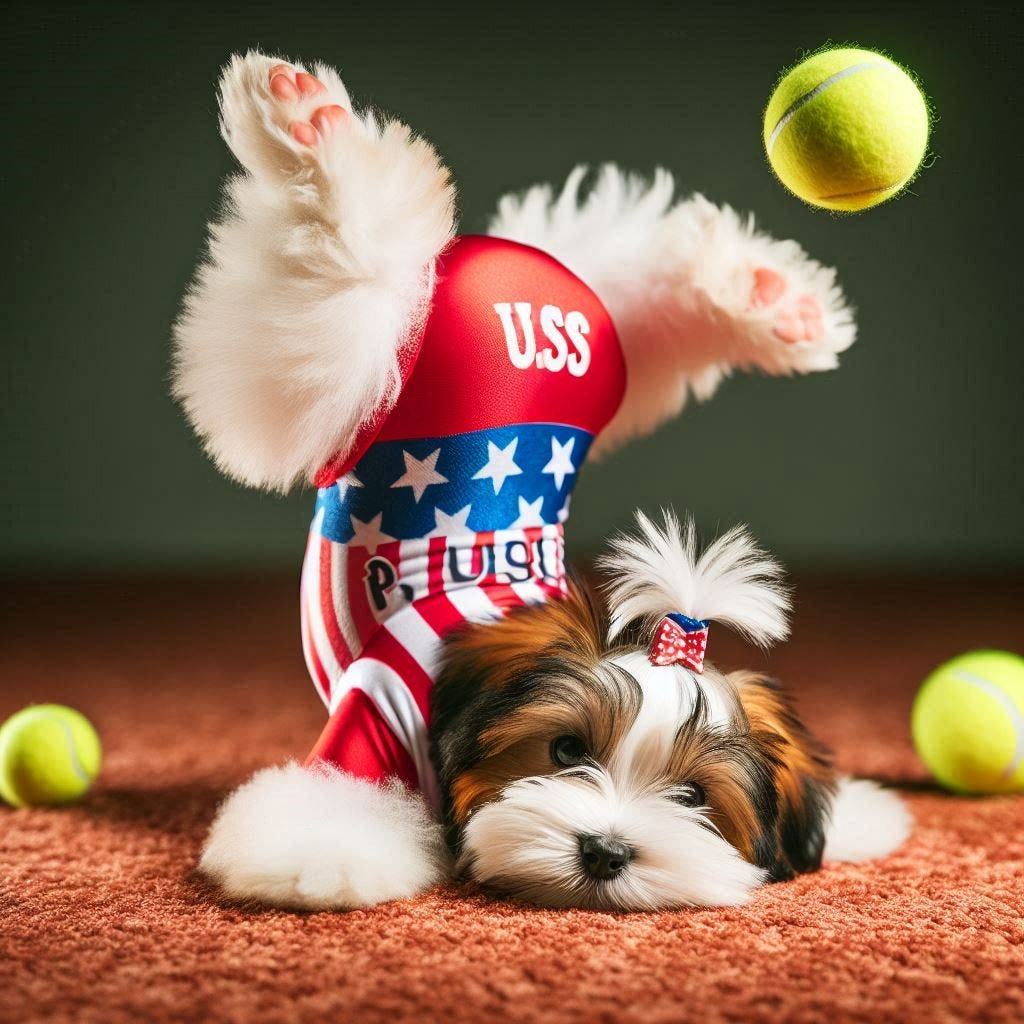 biewer terrier puppy dressed as U.S. Olympic woman gymnast doing a handstand while a tennis ball flies over