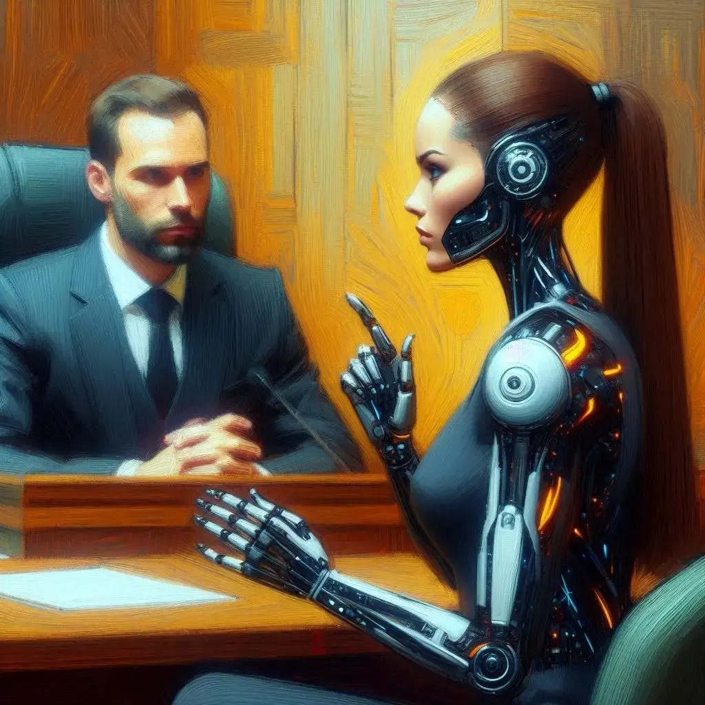 An attractive female cyborg with long brown hair sits in the witness stand as an economist in a black suit prosecutes her. Courtroom scene. Slight impressionist style.