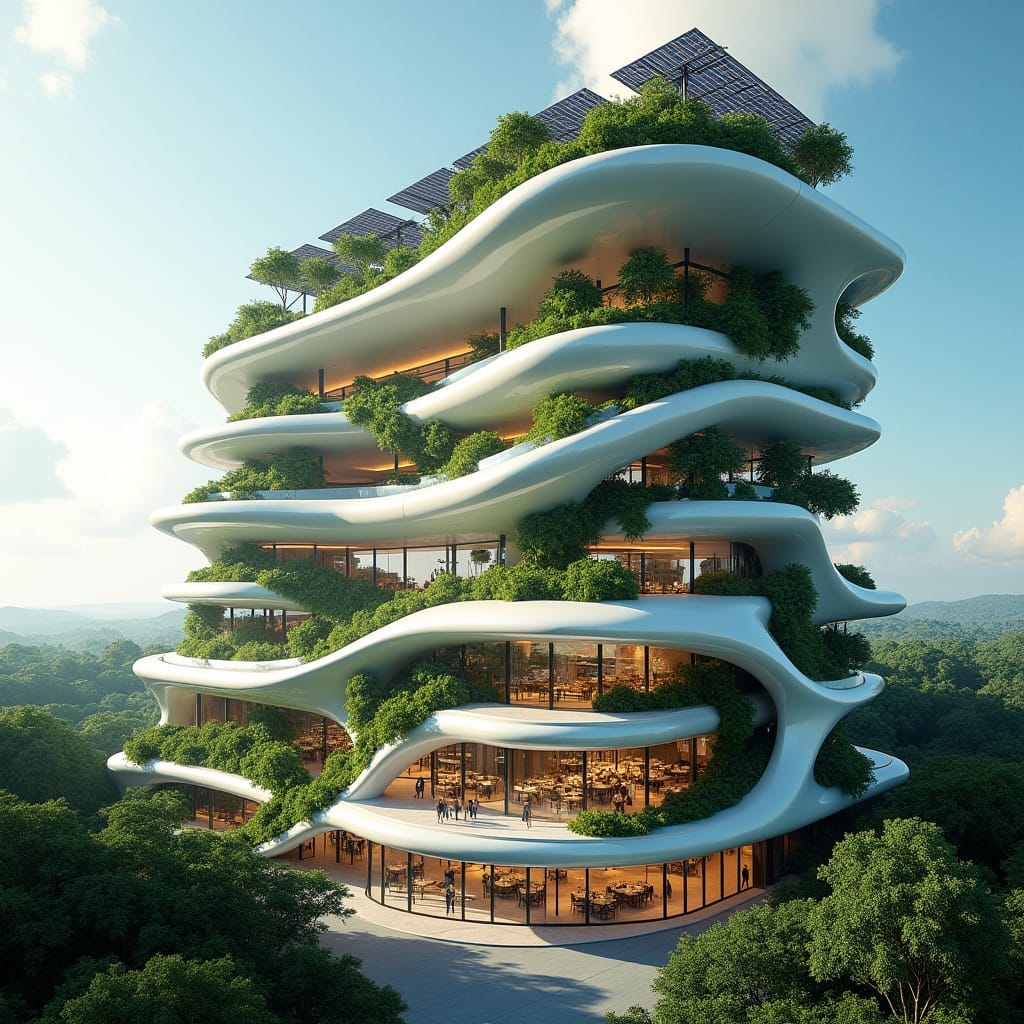 A futuristic commercial building in Jamaica with sleek, flowing lines and bold architectural shapes. Imagine a towering, multi-story structure crafted from reflective glass and steel, curving organically to blend seamlessly with the surrounding landscape. Solar panels line the roof, reflecting the Caribbean sunlight while powering the building. Lush vertical gardens climb its walls, and sky bridges connect the towers at various levels, creating an airy, open feel. Shops and restaurants fill the lower floors, while rooftop terraces offer panoramic views of Jamaica's coastline. The structure embodies sustainability, innovation, and the tropical essence of Jamaica.