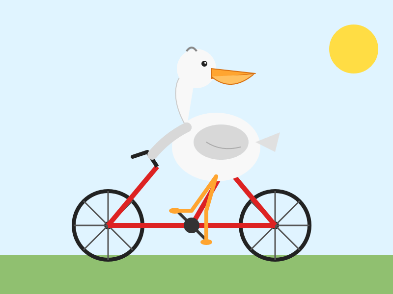 The bicycle frame is entirely the wrong shape. No clouds, a yellow sun. The pelican is looking behind itself, and has a less pronounced pouch than I would like. The bicycle frame is entirely the wrong shape. No clouds, a yellow sun. The pelican is looking behind itself, and has a less pronounced pouch than I would like.