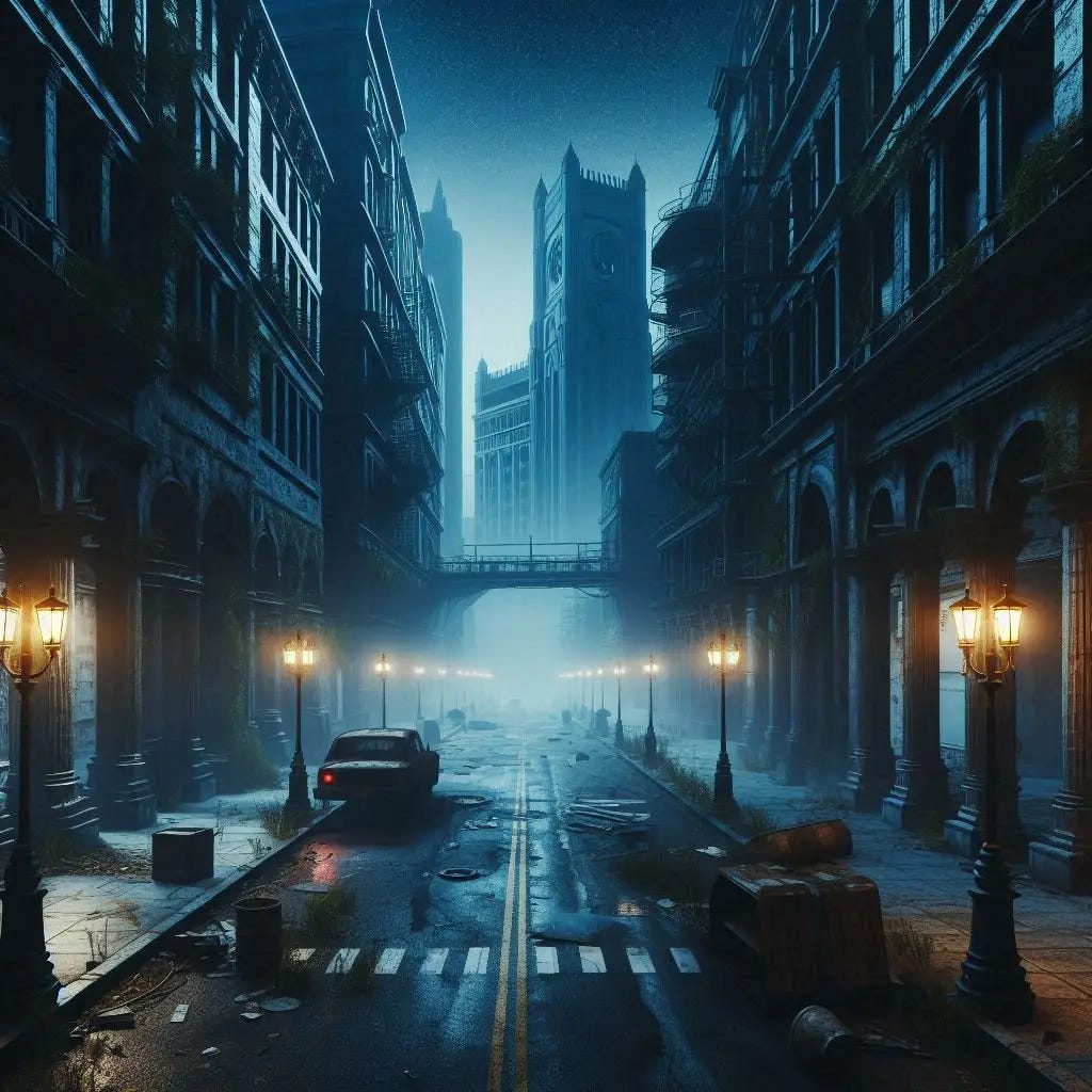 can you make the streets of an abandoned city at night. can you make if very much horror themed and eerie. and can you do it in a realistic art style? can you make the streets of an abandoned city at night. can you make if very much horror themed and eerie. and can you do it in a realistic art style?