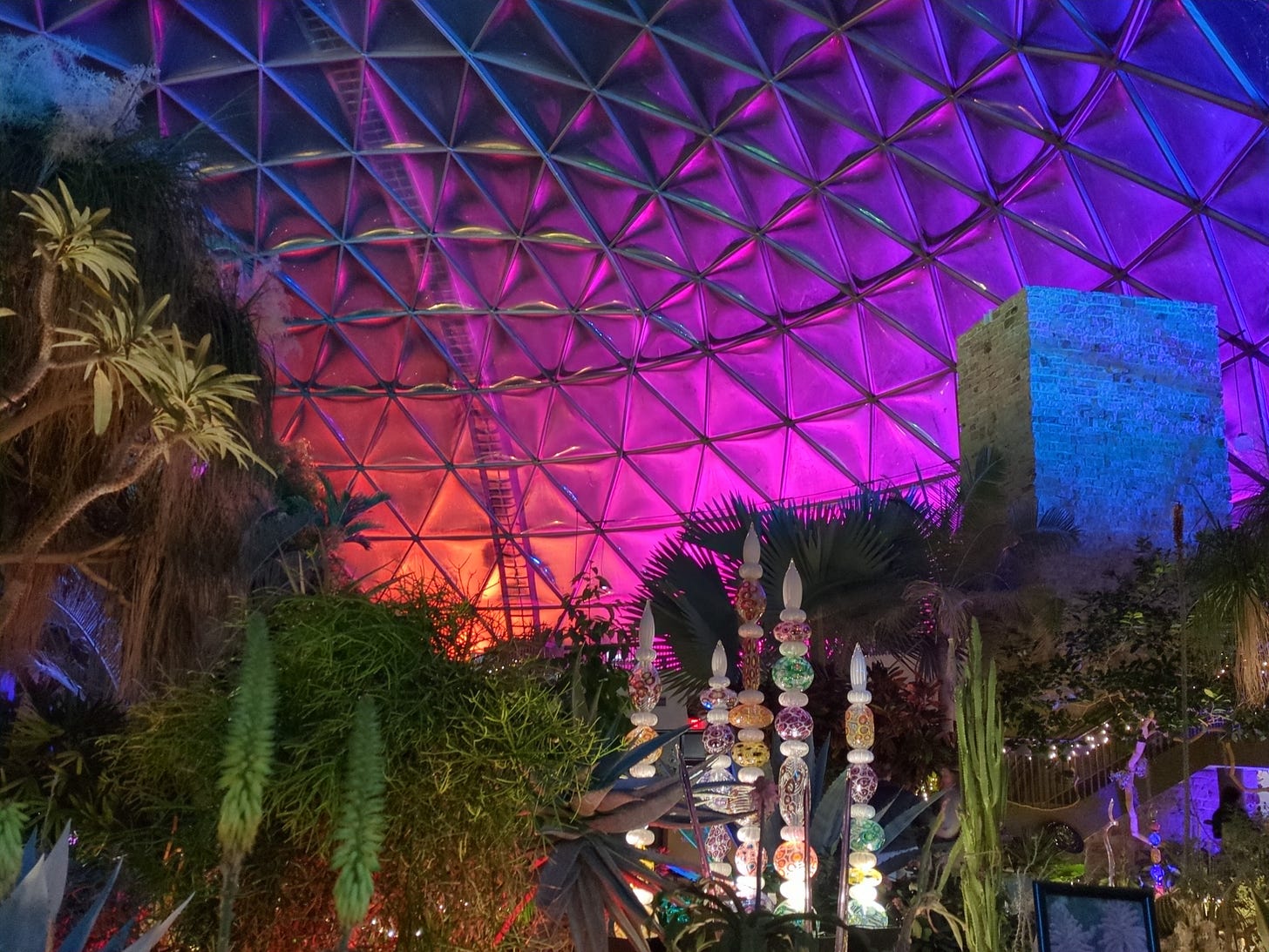 Shot from inside the Botanical Garden during Dome after Dark from 2024. Pink, red, blue, and purple light reflects and shines up along the glass triangles of the dome. Lush gardens and spires of glass art are in the foreground.