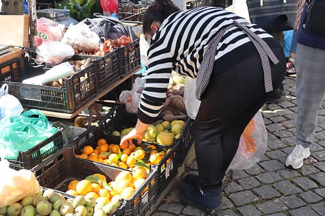 Scenes from a market showing fruit and vegetables and the sellers
