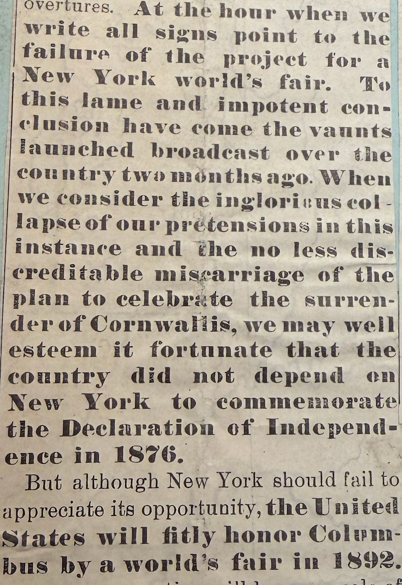 Scrapbook of World’s Columbian Exposition. newspaper article about competition between chicago and nyc for expo 1893
