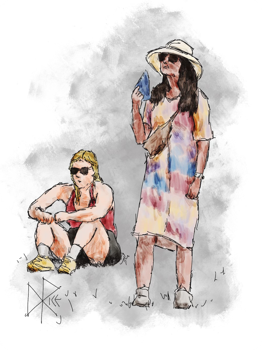 Two women watching a public performance at a park. One is seated on the grass as the other stands and waves a fan in front of her face in an attempt to cool down. Sketch art by Don Rice. Two women watching a public performance at a park. One is seated on the grass as the other stands and waves a fan in front of her face in an attempt to cool down. Sketch art by Don Rice.