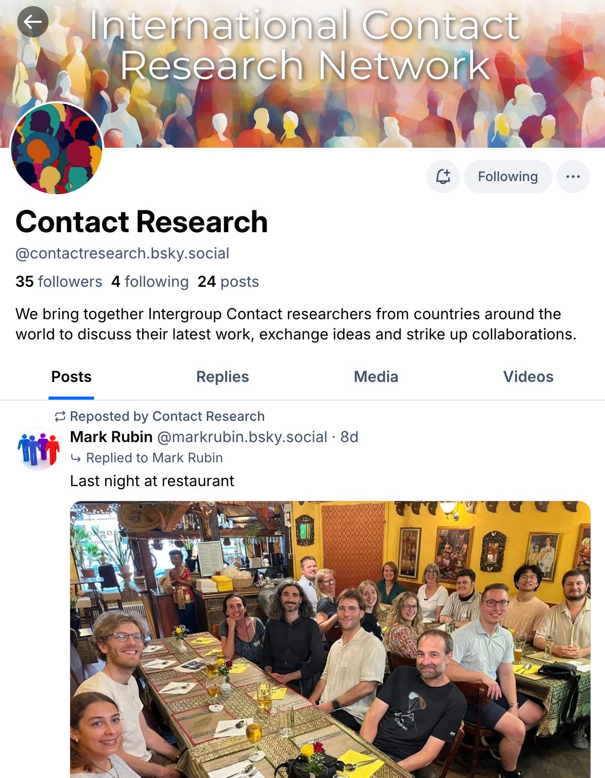 Screenshot of the ICRN Bluesky profile page showing follower count and recent posts