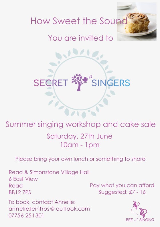 Poster for Secret Singers event Saturday 27th June 10 - 1PM for detiails and booking contact annelie.leinhos@outlook.com