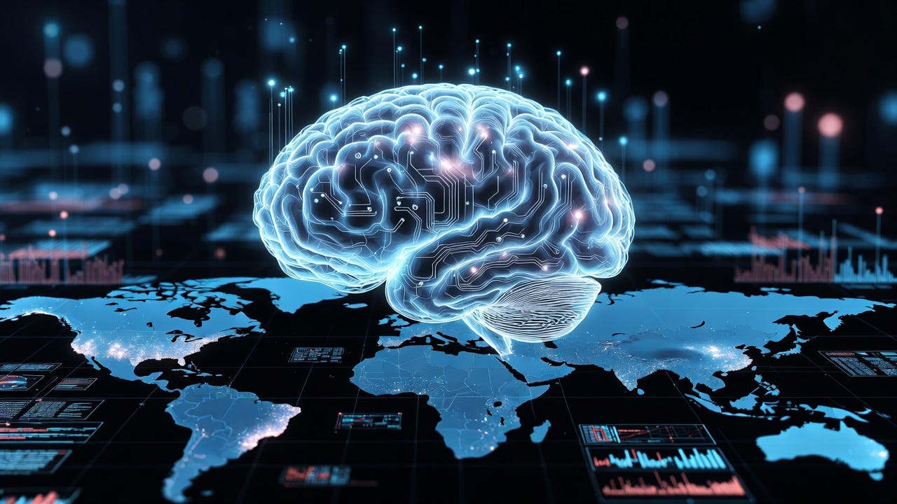 A cyberpunk digital illustration of an AI brain above a world map, with glowing circuitry and data streams.