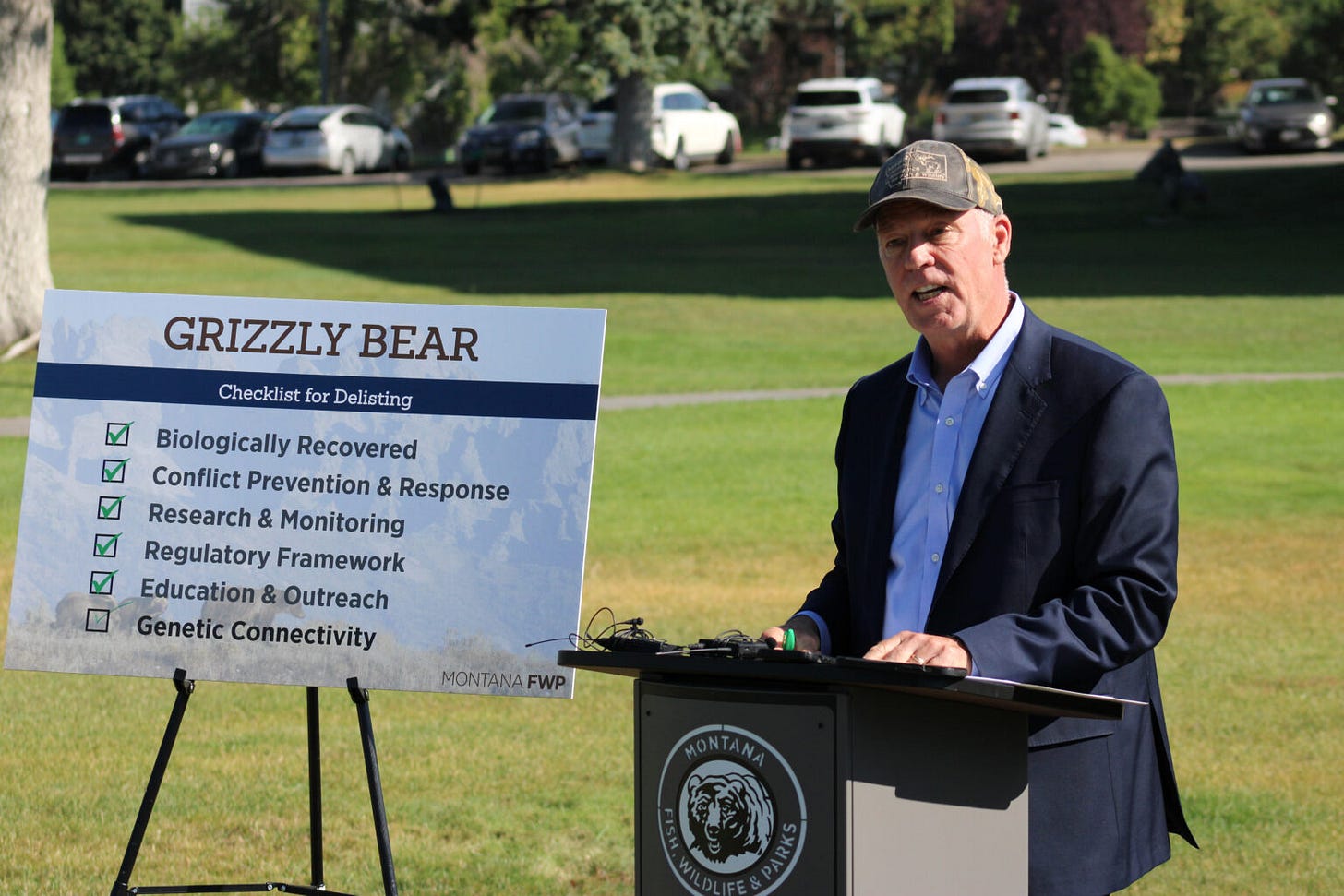 Gov. Greg Gianforte declares that Montana is ready for grizzly bears to be delisted in the Northern Continental Divide Ecosystem at a news conference on Aug. 5, 2024. (Photo by Blair Miller, Daily Montanan) Gov. Greg Gianforte declares that Montana is ready for grizzly bears to be delisted in the Northern Continental Divide Ecosystem at a news conference on Aug. 5, 2024. (Photo by Blair Miller, Daily Montanan)
