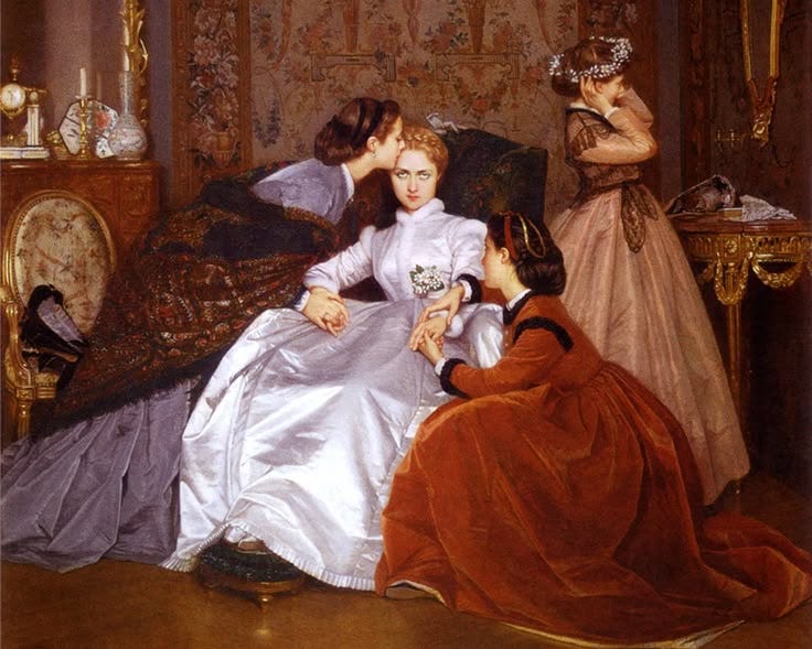 This may contain: a painting of two women sitting on a couch with one woman kissing the other's cheek