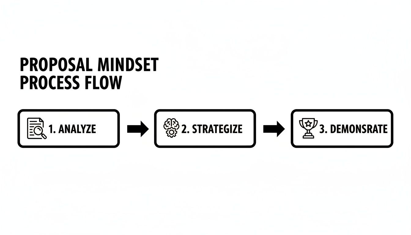 A three-step process flow chart outlining the proposal mindset: analyze, strategize, and demonstrate.