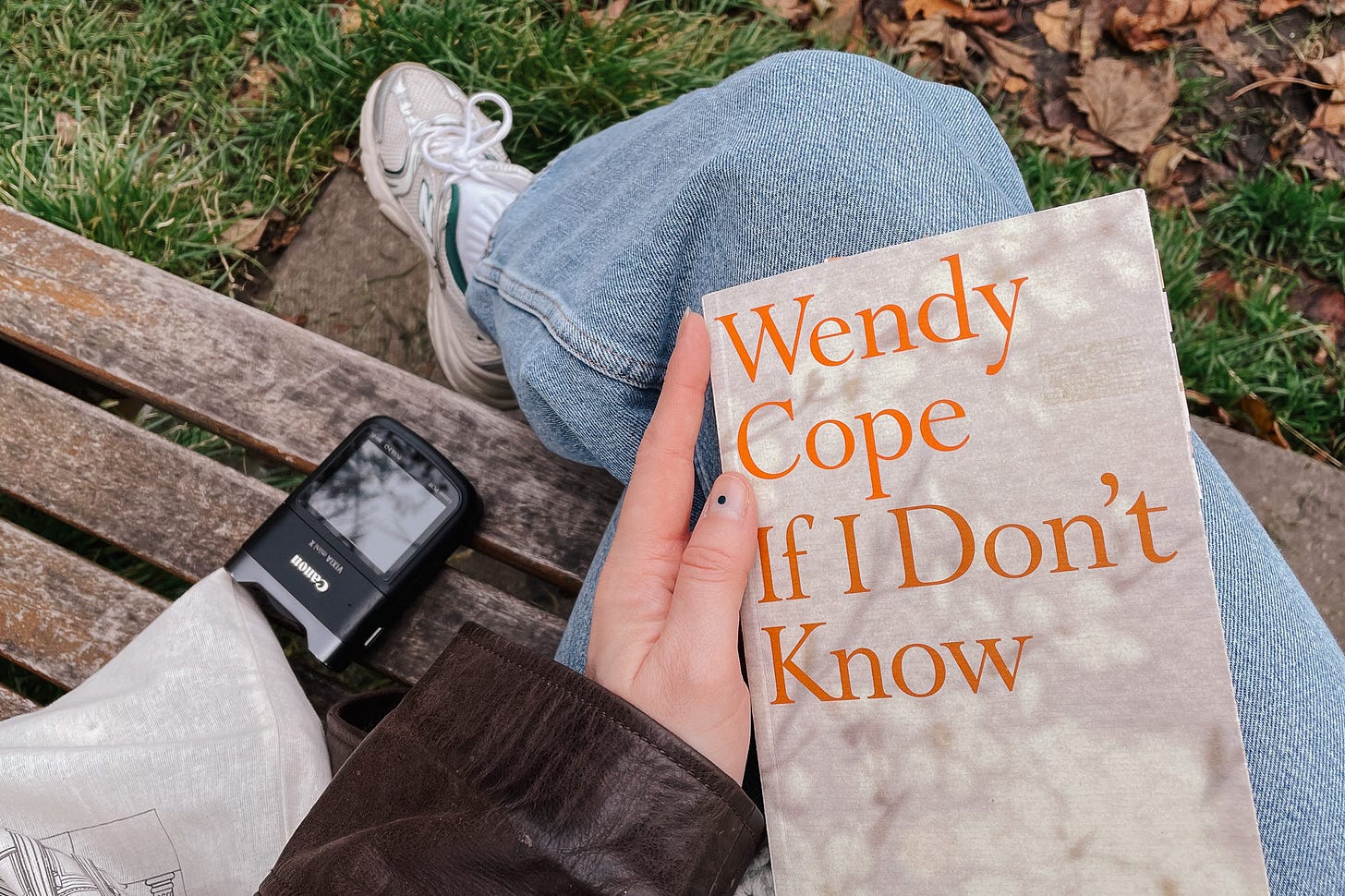 A person (me) sitting on a bench in a park with If I Don’t Know by Wendy Cope on their lap, surrounded by scattered autumn leaves.