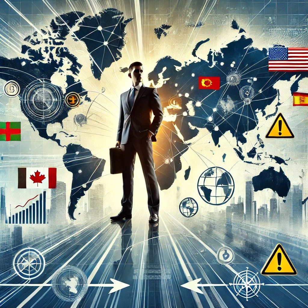 A dynamic, conceptual illustration featuring a business professional standing confidently on a world map with complex geopolitical symbols (flags, trade routes, warning signs) around them, signifying global challenges. Arrows or lines connect different regions to show strategic navigation. The background includes abstract shapes like chess pieces or puzzle pieces, representing strategic thinking and risk management. No text should be included in the image.