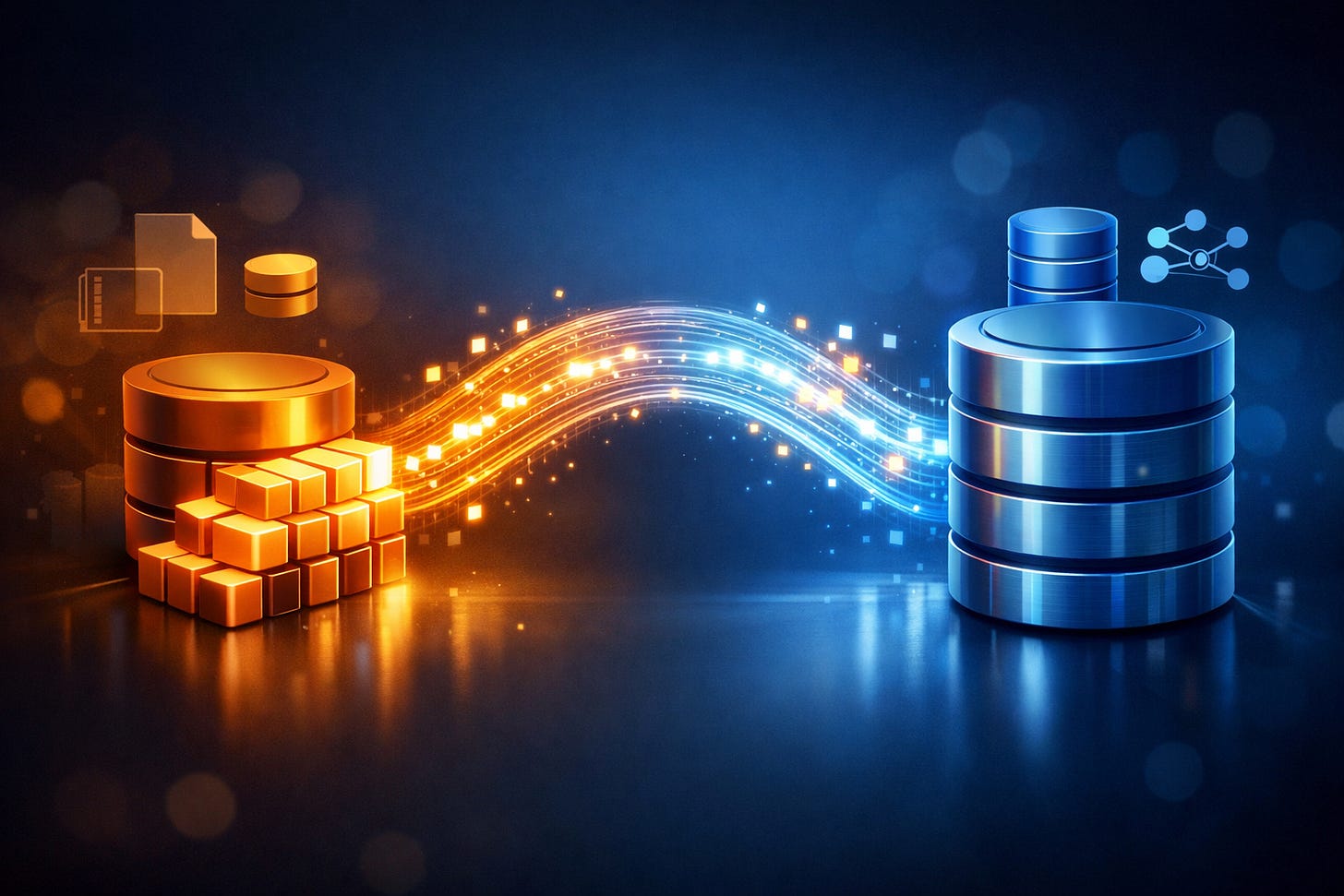 Glowing data bridge connecting two database systems to illustrate cross-database federation. Glowing data bridge connecting two database systems to illustrate cross-database federation.