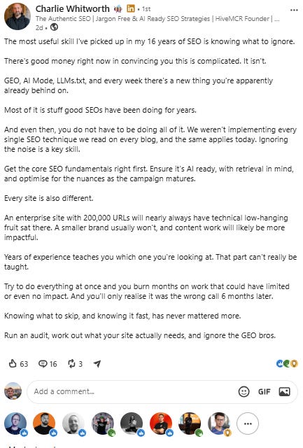 Charlie Whitworth's LinkedIn post about years of experience teaching you what not to do