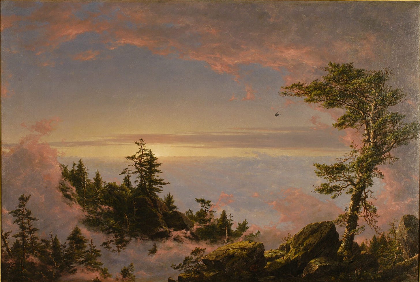 Oil painting depicting a breathtaking sunrise above a vast landscape of hills and forest
