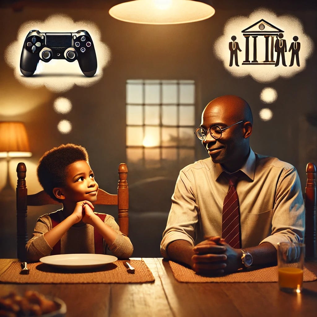 A warm, homey dining room setting where an African father and his young son, around seven years old, are sitting across from each other at the dinner table. The boy has a determined, thoughtful look, while the father appears amused but curious. Above them, thought bubbles show a video game controller for the boy and a corporate boardroom for the father. The lighting is soft and inviting, emphasizing the bond and negotiation happening between them.