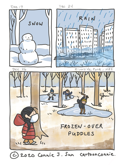Comic illustration page drawn from scenes in Riverside Park, New York. Drawing of a snowman, torrential rain over cityscape, a walk in the park with kids playing on frozen puddles. Cartoon by Connie Sun, cartoonconnie