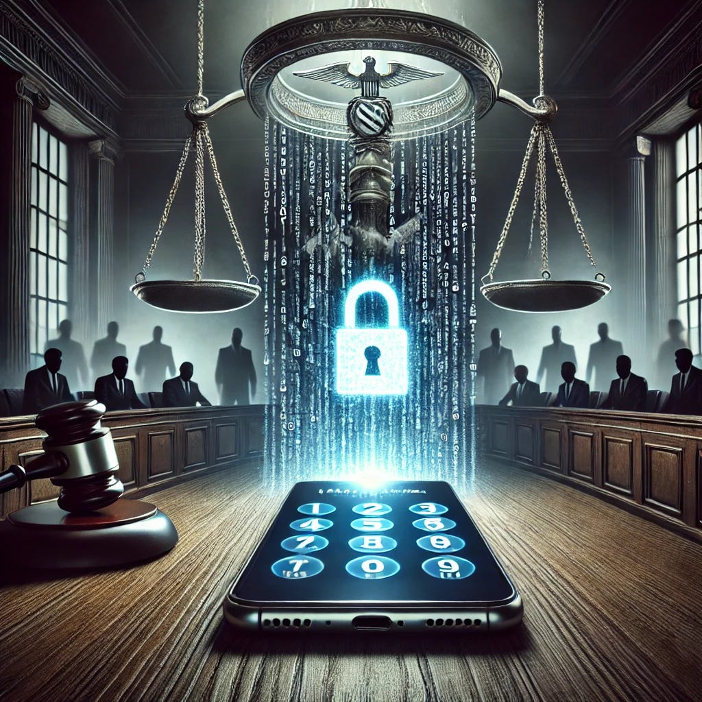 A dramatic illustration of a courtroom with a glowing encrypted phone at the center, symbolizing the legal battle over revealing the identity of the confidential informant in Operation Trojan Shield. The scene is intense, with shadowy figures and scales of justice in the background.